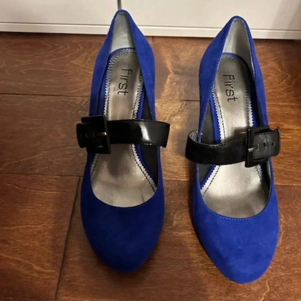 First Women's Elegant Blue Heels with Black Strap